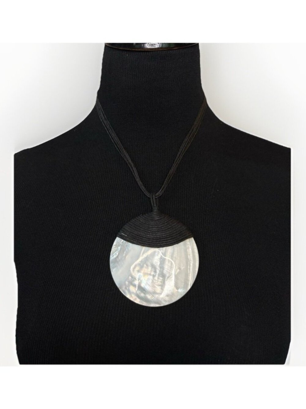 Large Round Circle Shell Pendant Necklace Black Cord Boho Tribal Beachy